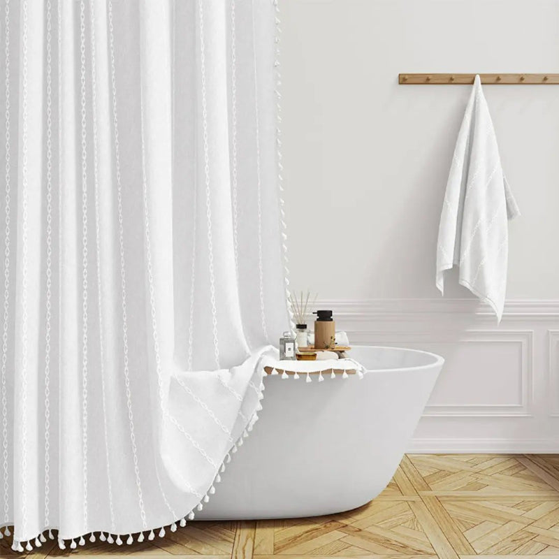 Elegant Waterproof Linen Shower Curtain with Tassel Accents