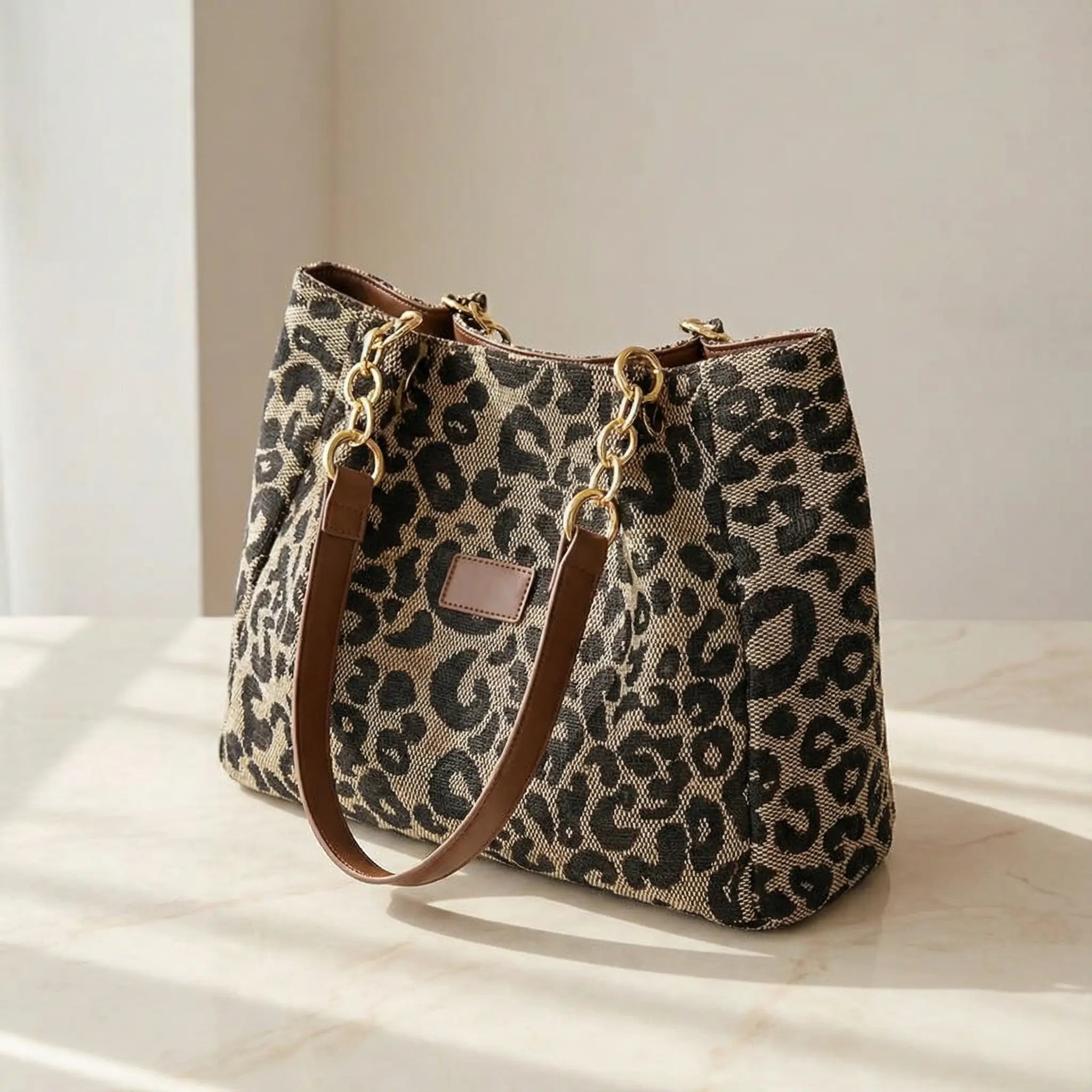 Leopard Print Canvas Tote with Gold Chain Handles