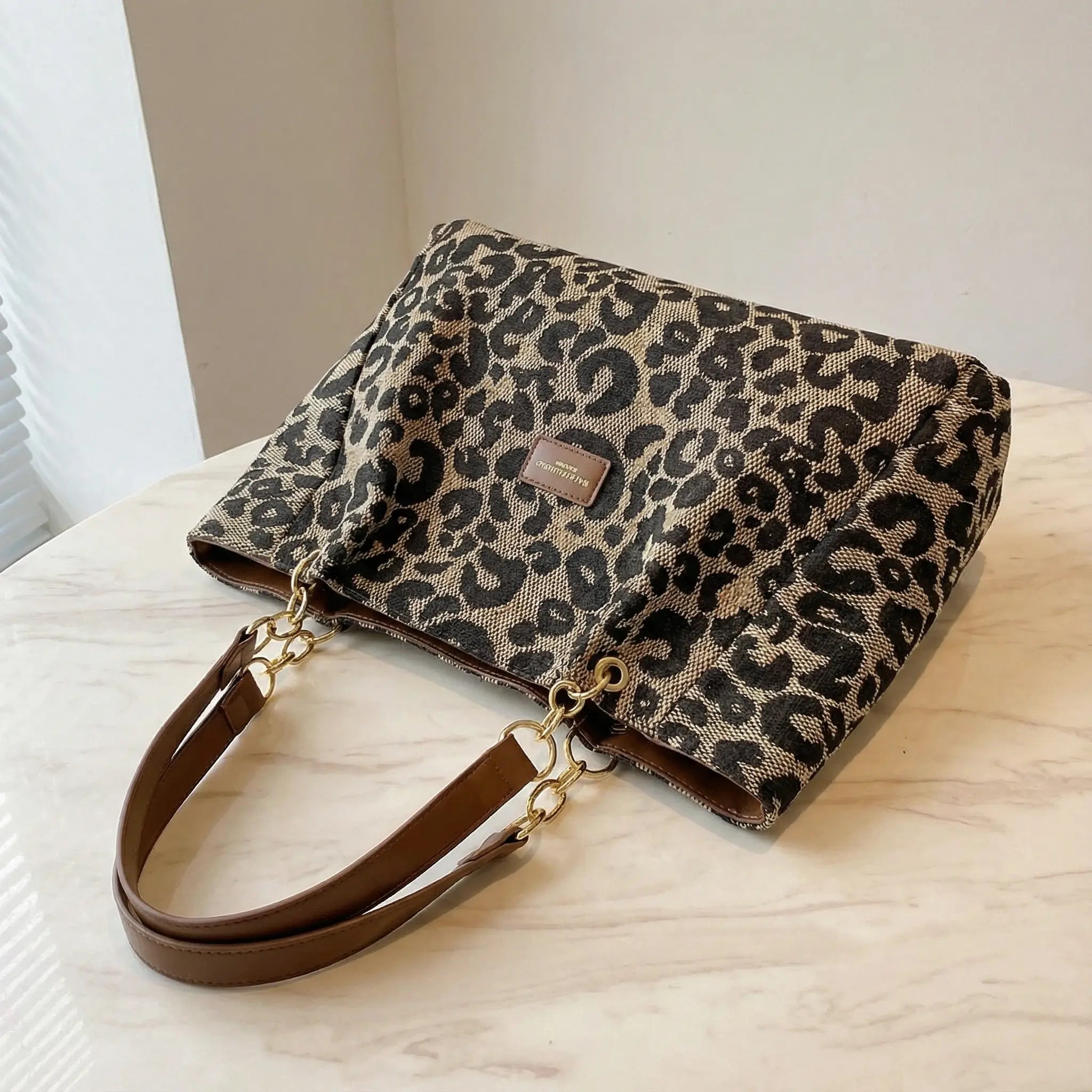 Leopard Print Canvas Tote with Gold Chain Handles