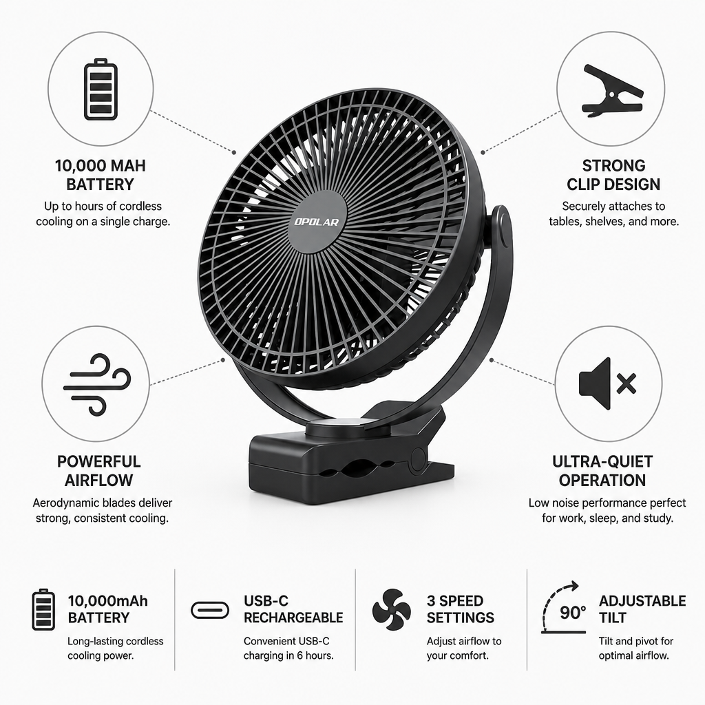 10,000mAh USB-C Rechargeable Clip Fan