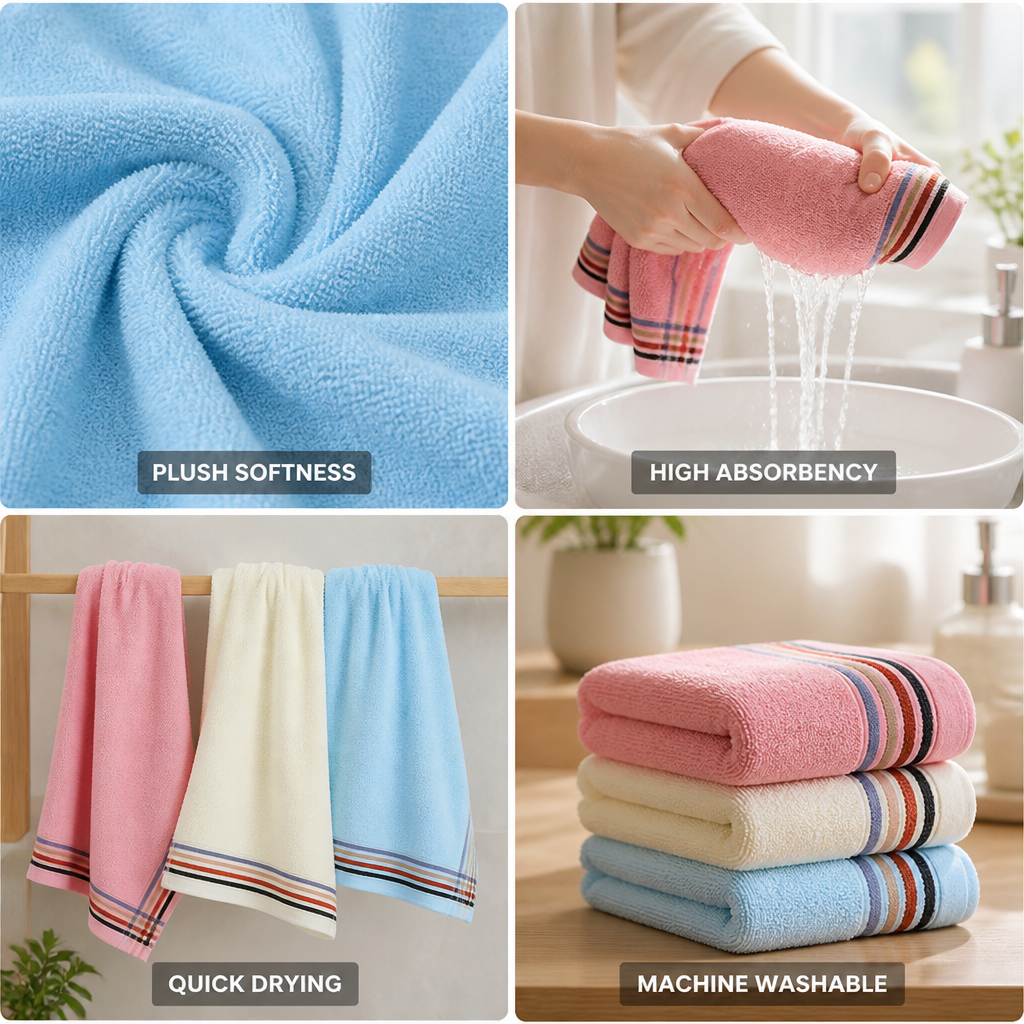100% Cotton Terry Plush & Quick-Drying Bath Towel (Striped Border)