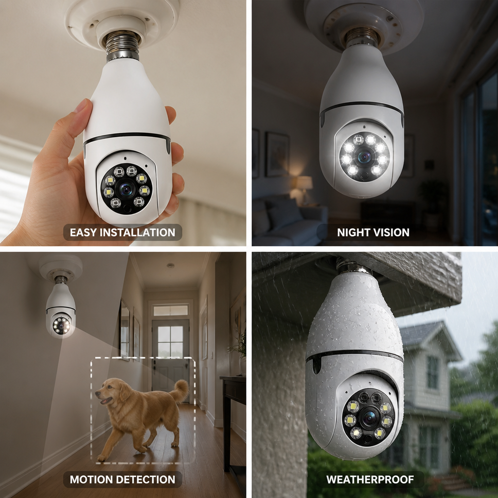 1080P Night Vision & Motion Detection Light Bulb Security Camera (E27 Socket)