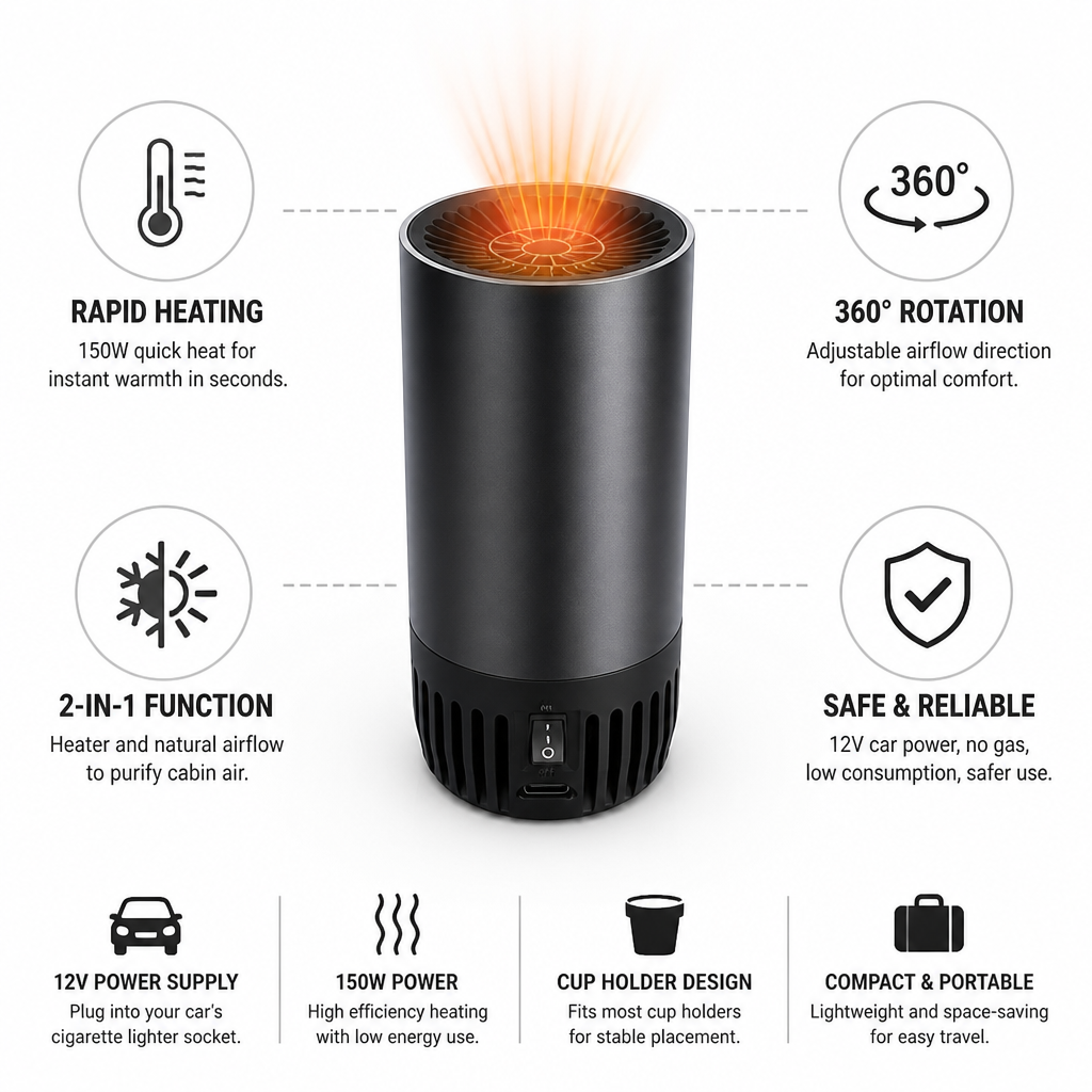 12V Fast-Heating 360° Rotating Car Heater (Cup-Holder Mount)