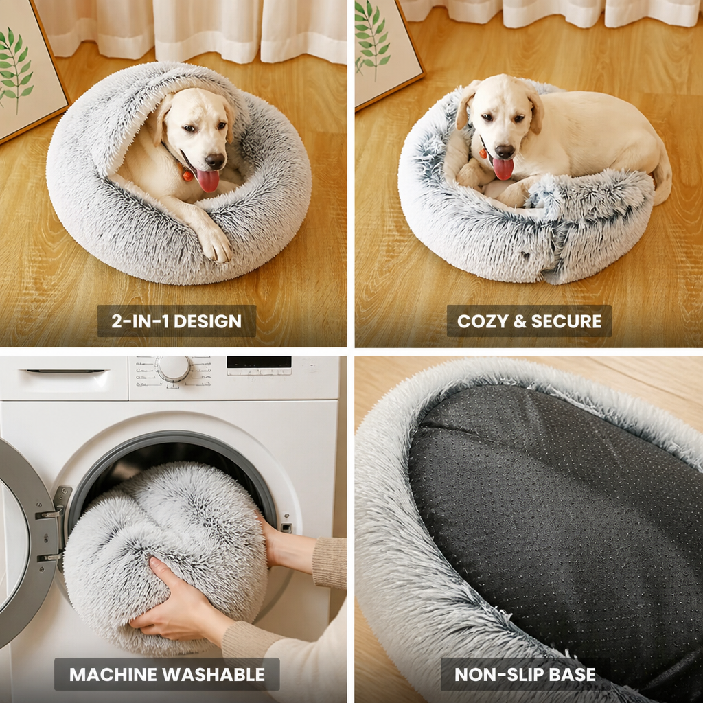 2-In-1 Plush Dog Bed (Machine-Washable, Non-Slip Base)