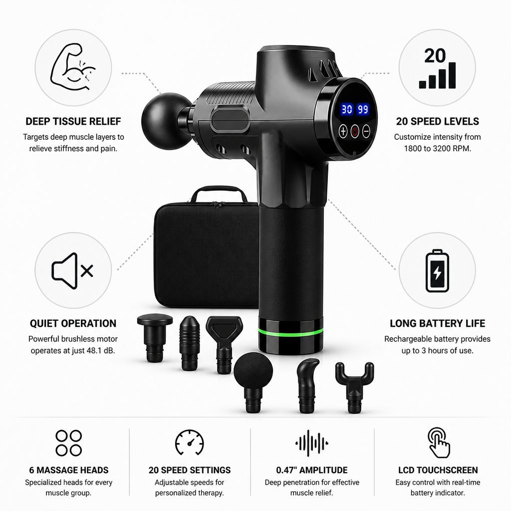 20-Speed Deep-Tissue Percussion Massage Gun (6 Interchangeable Heads)