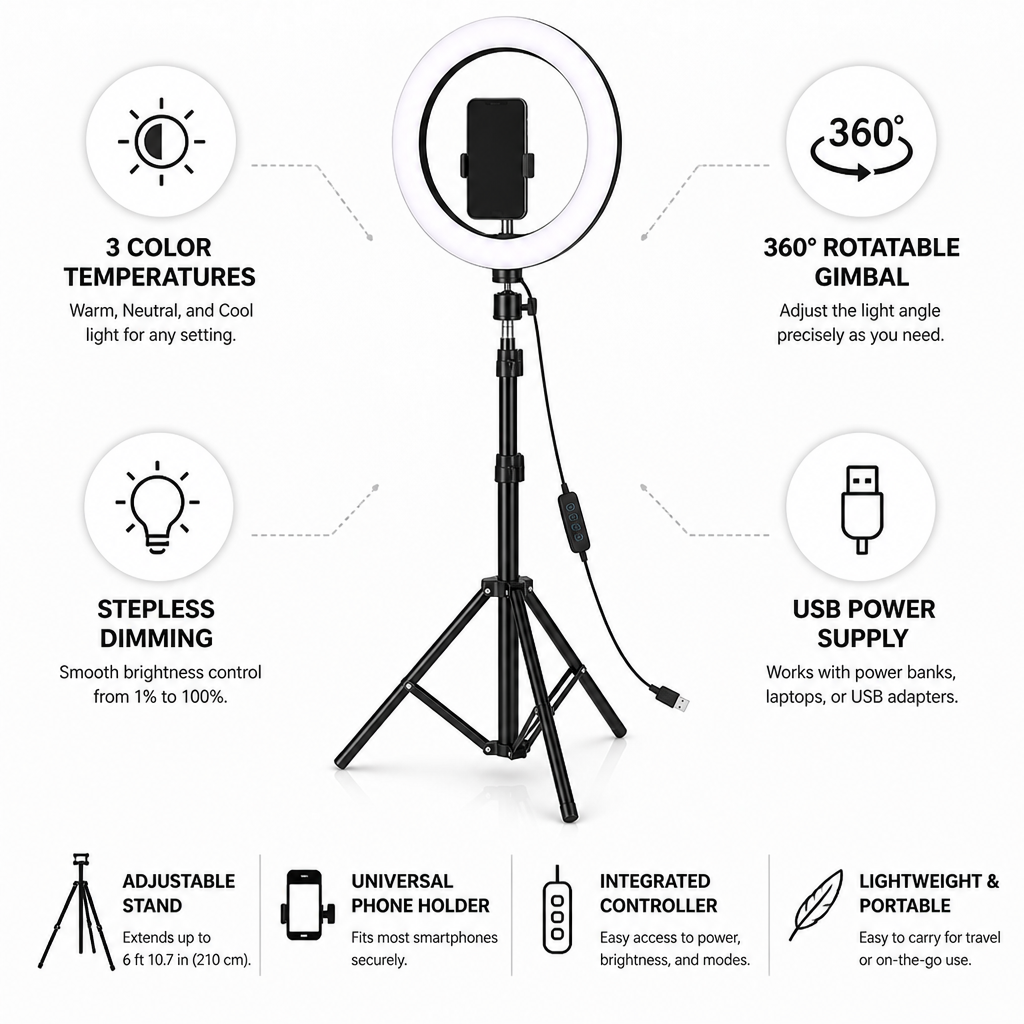 3-Color Stepless-Dim USB Ring Light With Stand