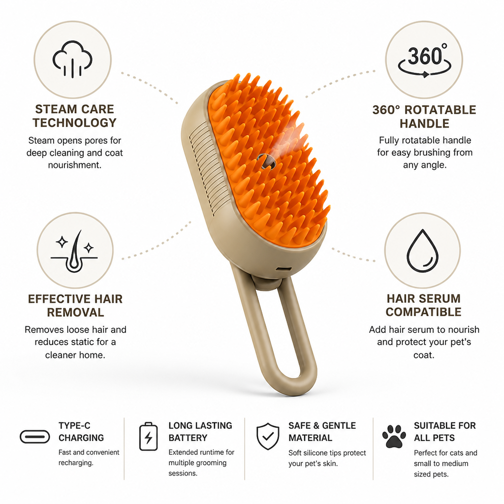 3-In-1 Steam Anti-Static Pet Brush (360° Rotating Handle)