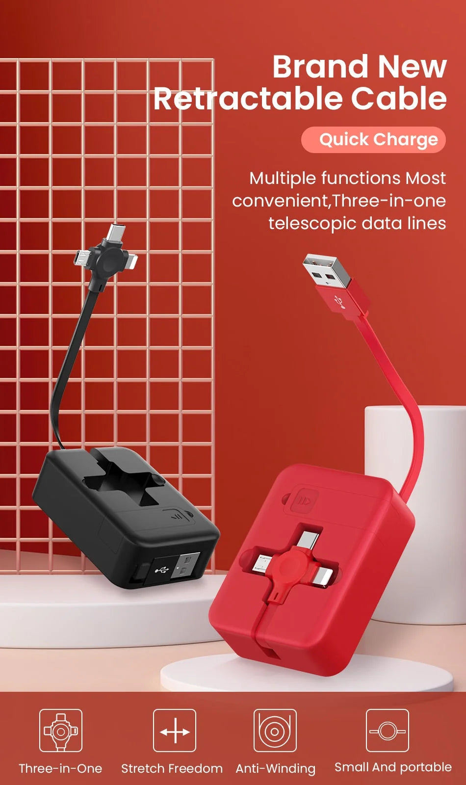 3-in-1 Retractable Charging Cable USB-A Lightning USB-C Micro USB