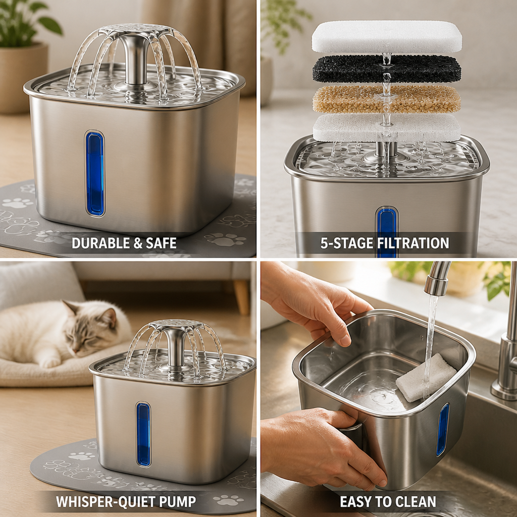 304 Food-Grade Stainless Steel & Five-Stage Filtration Cat Water Fountain