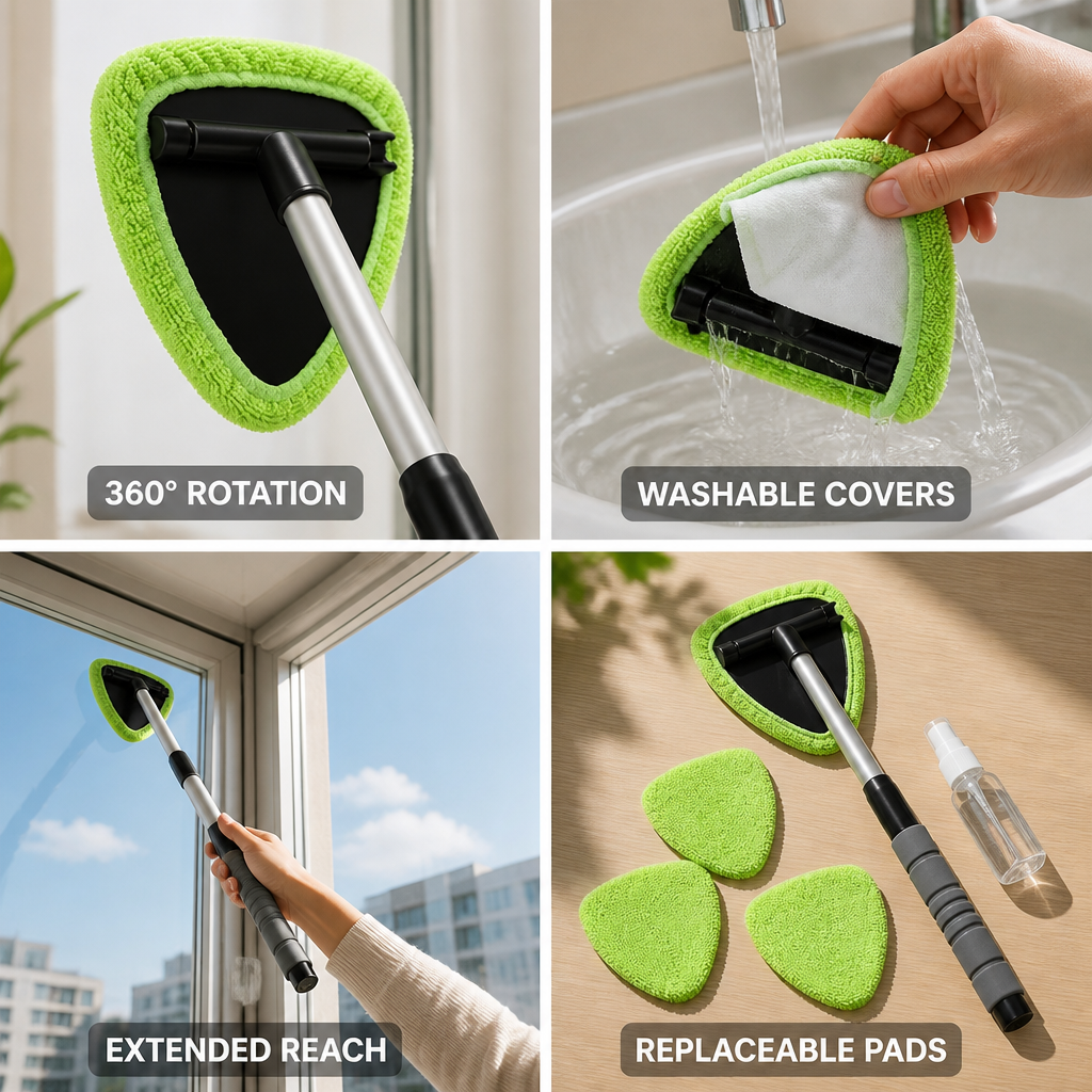 360-Degree Rotating Microfiber Window Cleaner (Telescopic Handle & 3 Replacements)