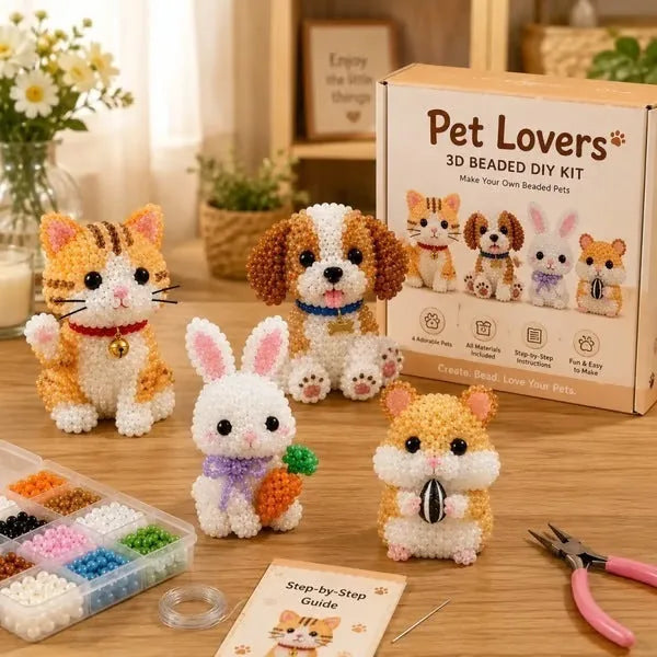 3D Bead Craft Kit Beginner-Friendly Set of 4 Animals Includes Tools & Instructions