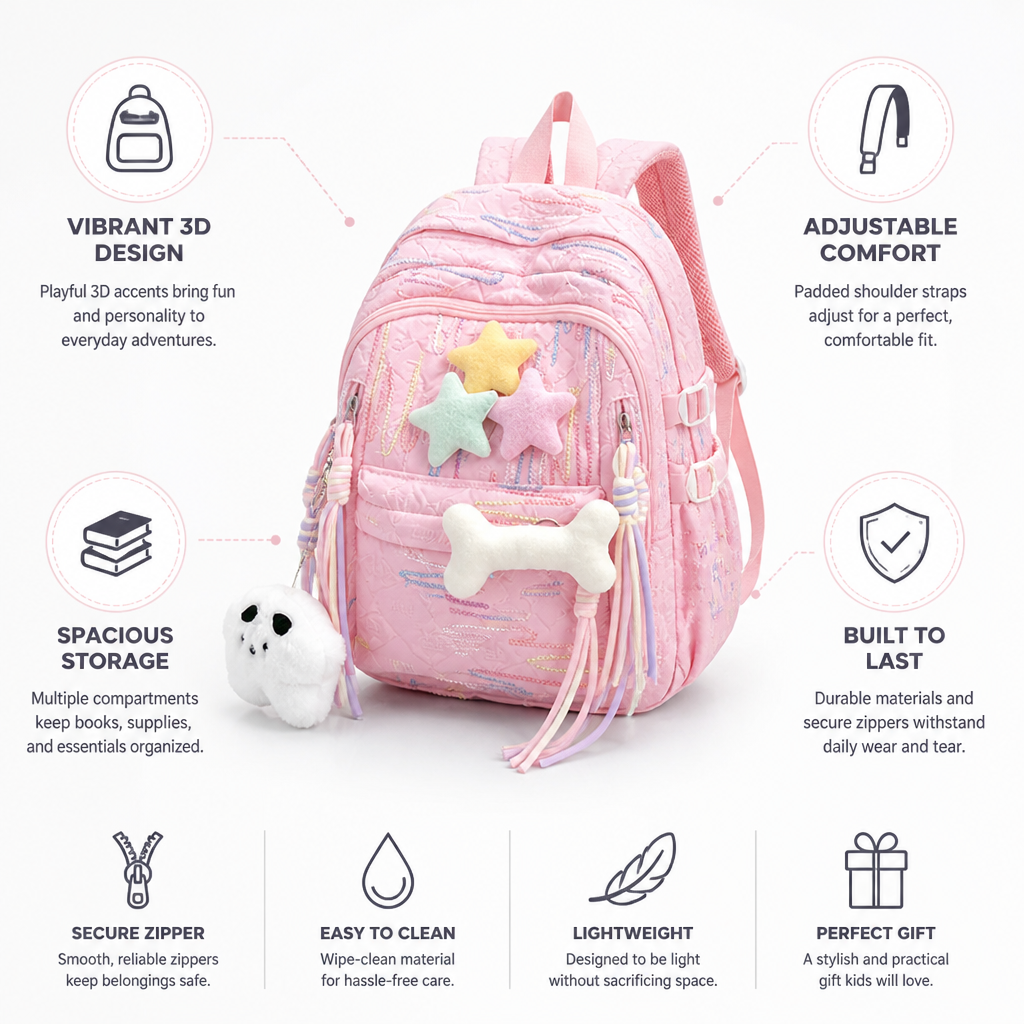 3D Character Adjustable Padded Kids Backpack (Multiple Compartments)