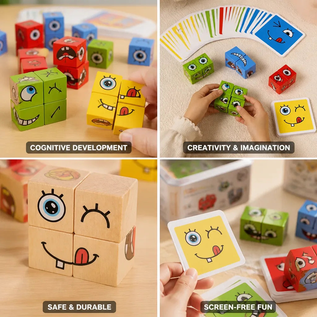 3D Face Puzzle Wooden 16 Cubes 64 Cards
