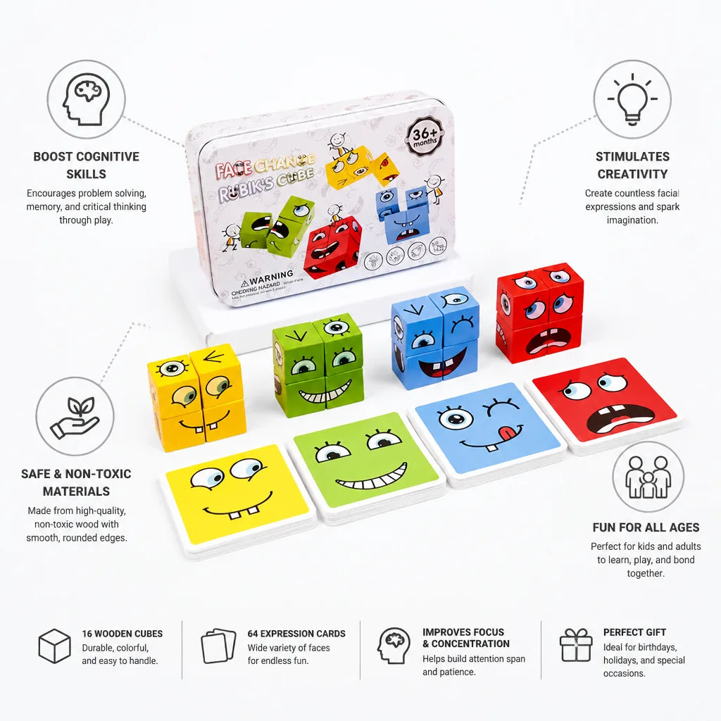 3D Face Puzzle Wooden 16 Cubes 64 Cards