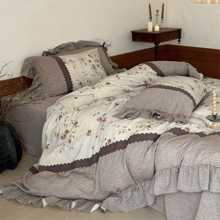 4-Piece Bedding Set Breathable Linen-Cotton Floral & Ruffle