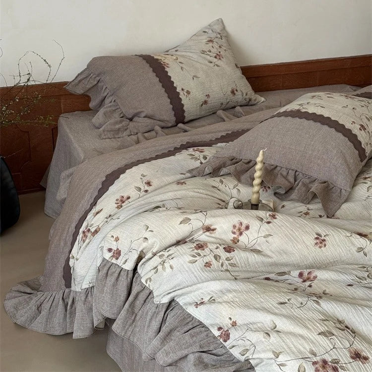 4-Piece Bedding Set Breathable Linen-Cotton Floral & Ruffle