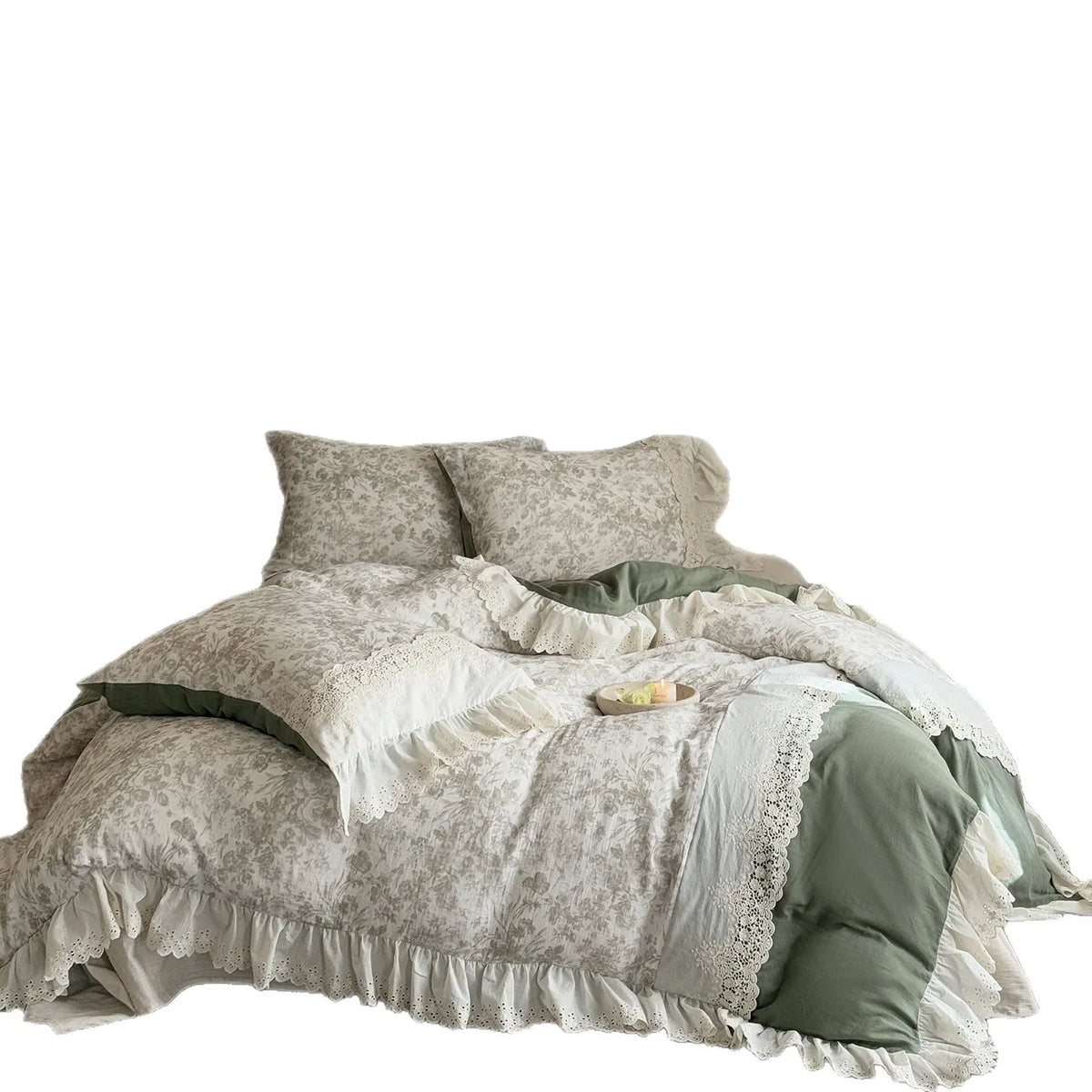 4-Piece Bedding Set Cotton-Linen Reversible Lace & Ruffles