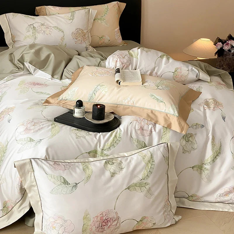 4-Piece Bedding Set Cotton Satin Watercolor Rose Concealed Zipper