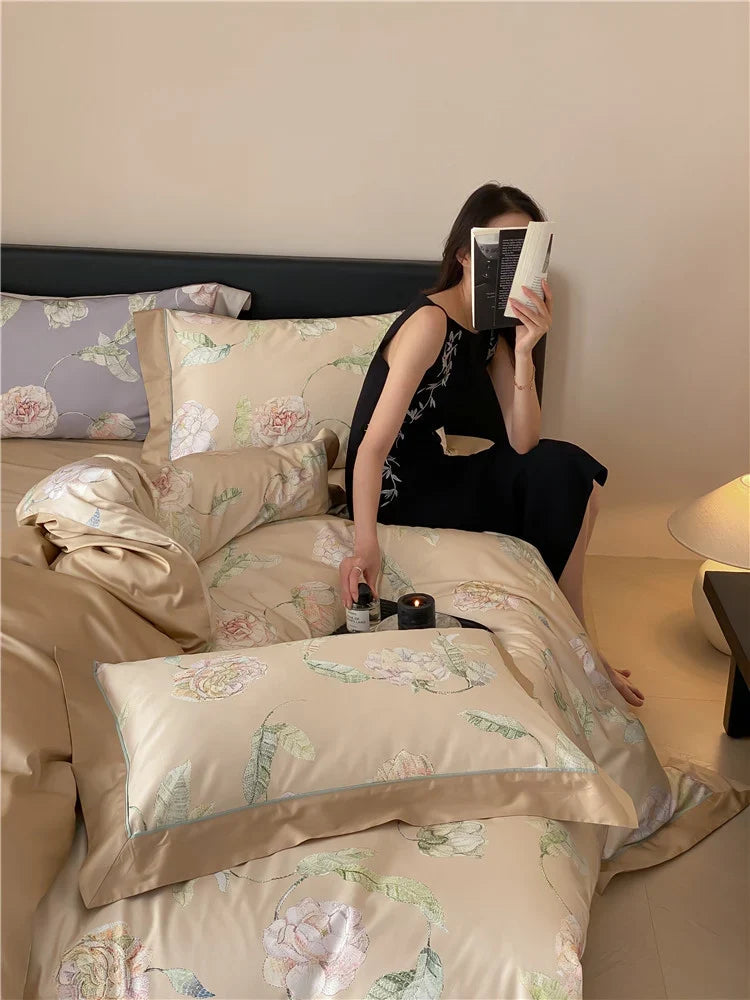 4-Piece Bedding Set Cotton Satin Watercolor Rose Concealed Zipper