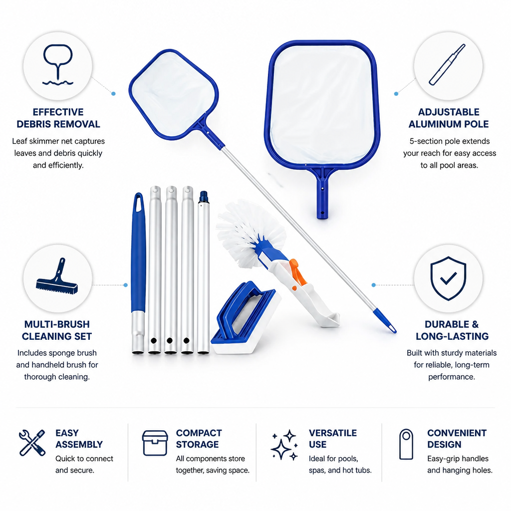 5-Section Aluminum Pole Pool Skimmer & Brush Set