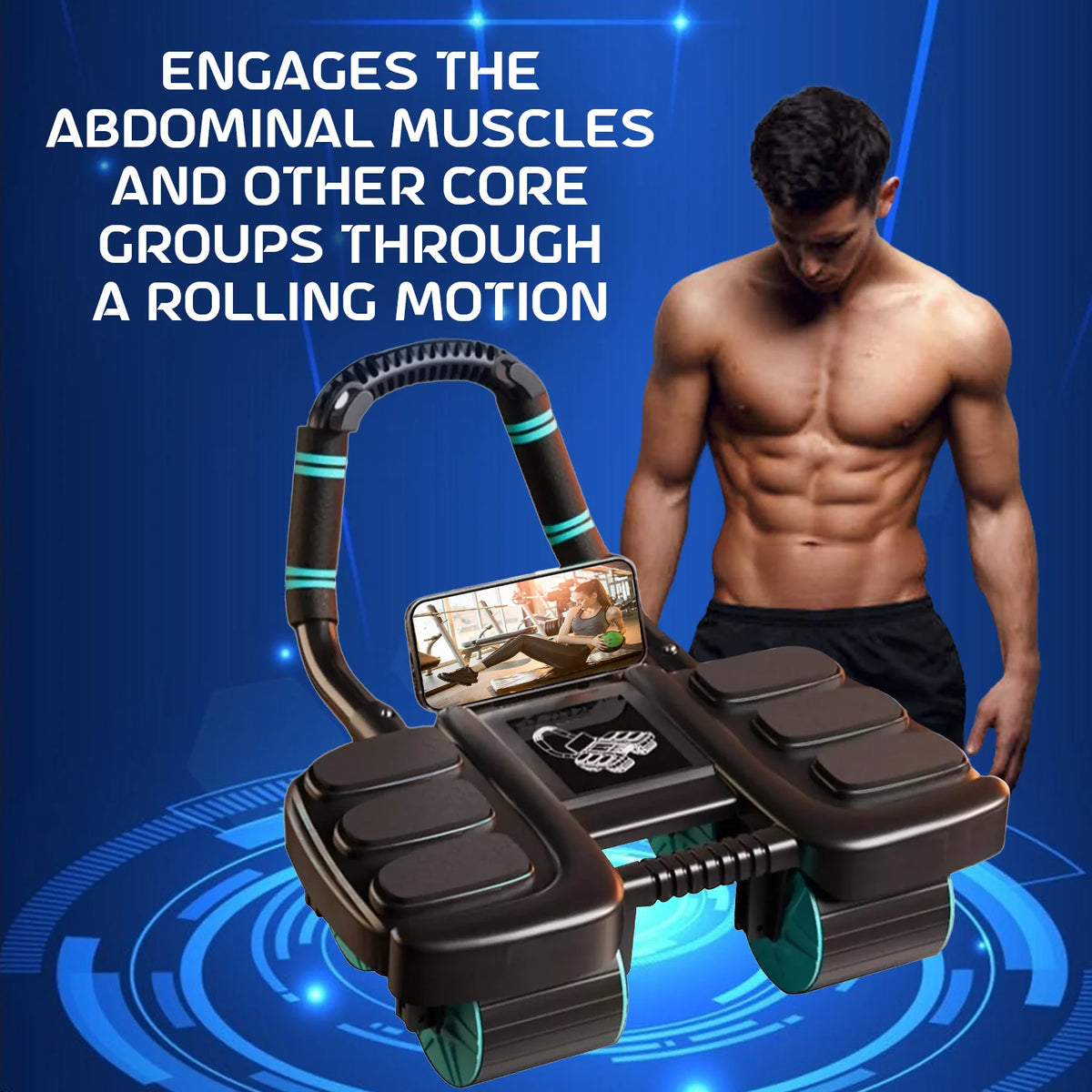 Ab Roller Four-Wheel Automatic Rebound With Phone Holder & Timer