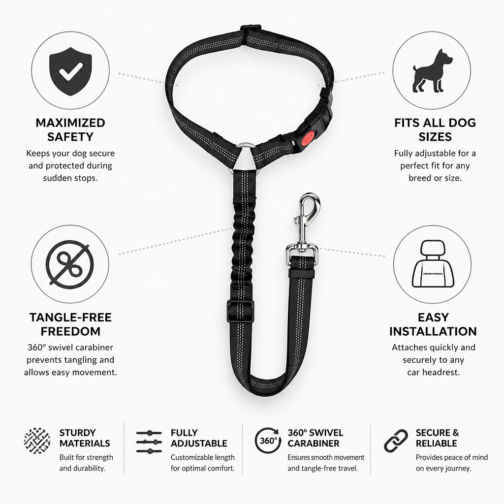 Adjustable & 360° Swivel Dog Car Seat Belt (Headrest Attachment)