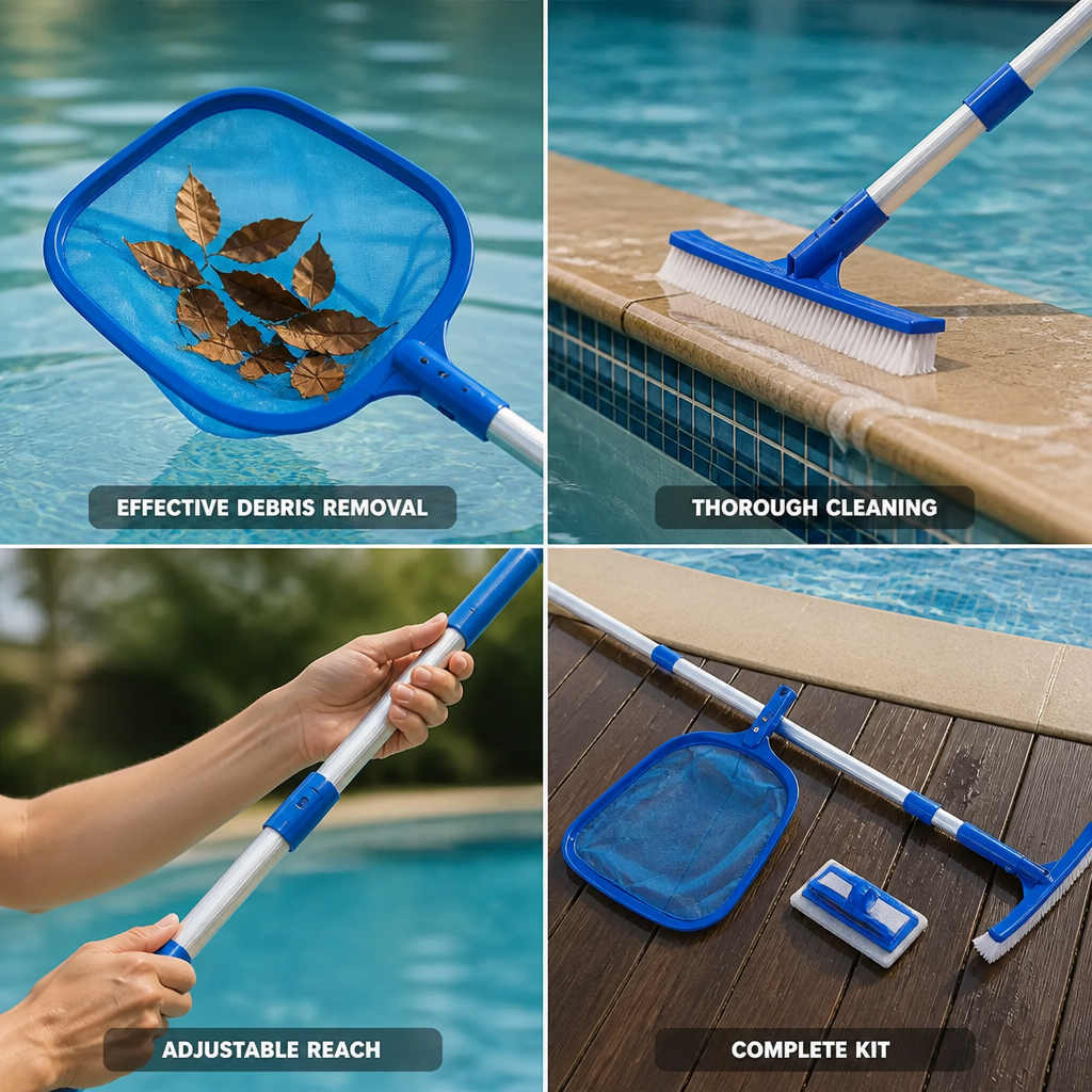 Adjustable Aluminum Pole Pool Cleaning Kit (Skimmer & Brushes)