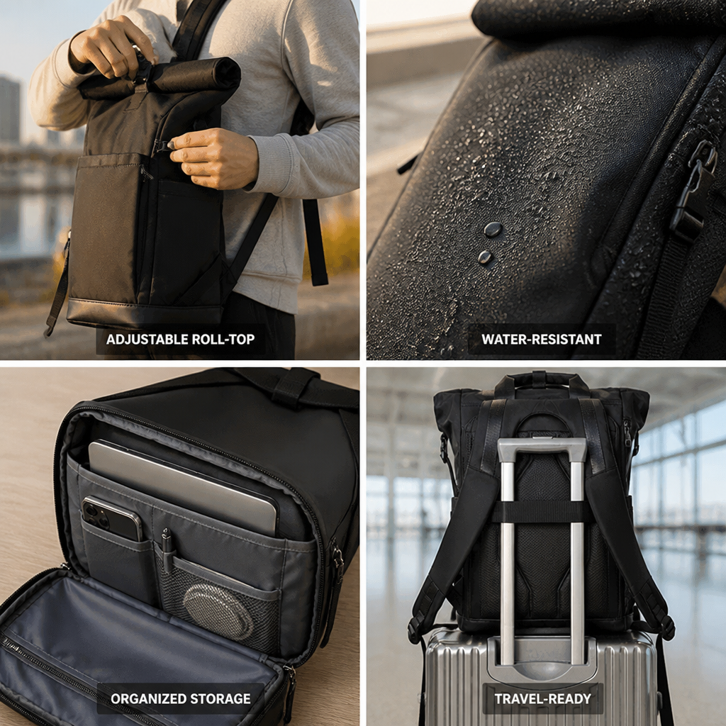 Adjustable Roll-Top Water-Resistant Backpack