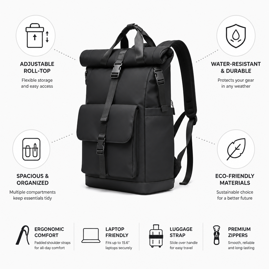 Adjustable Roll-Top Water-Resistant Backpack