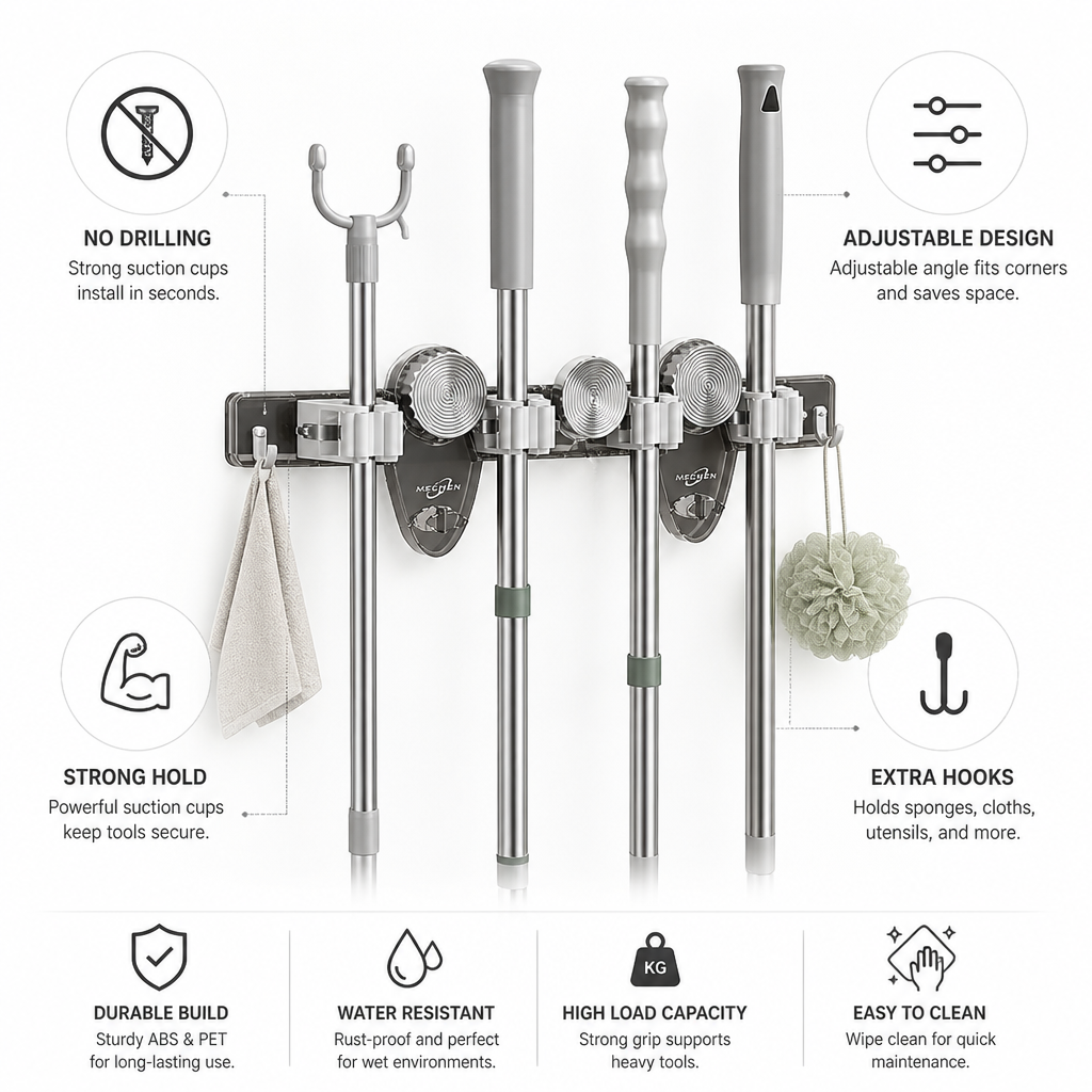 Adjustable Suction Cup Broom & Mop Holder