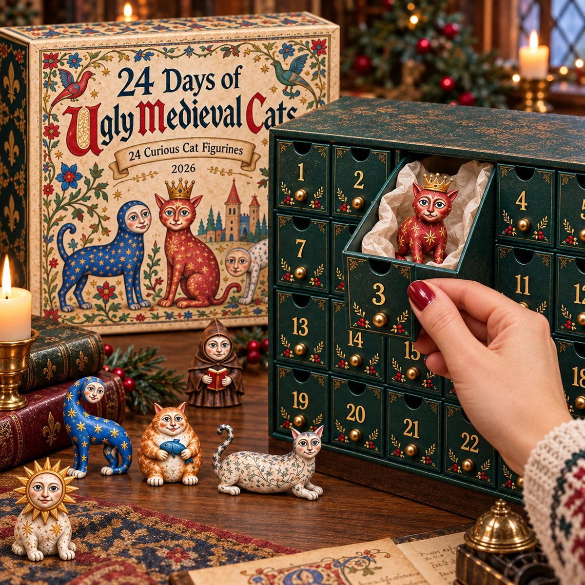 Advent Calendar 24 Acrylic Cat Ornaments Medieval Artwork