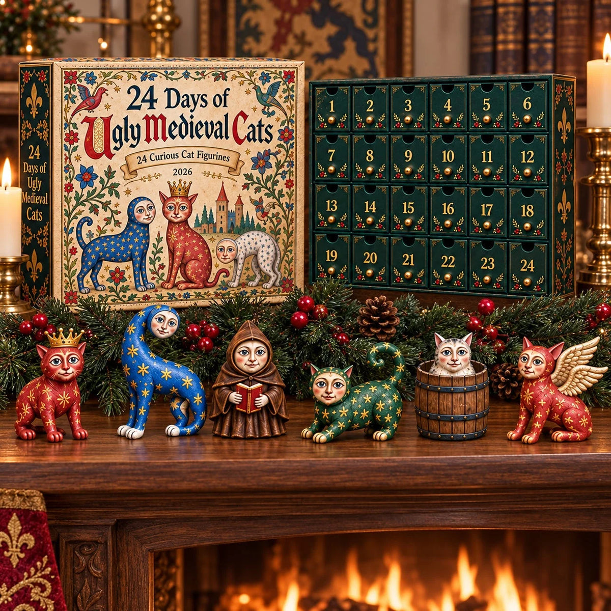 Advent Calendar 24 Acrylic Cat Ornaments Medieval Artwork