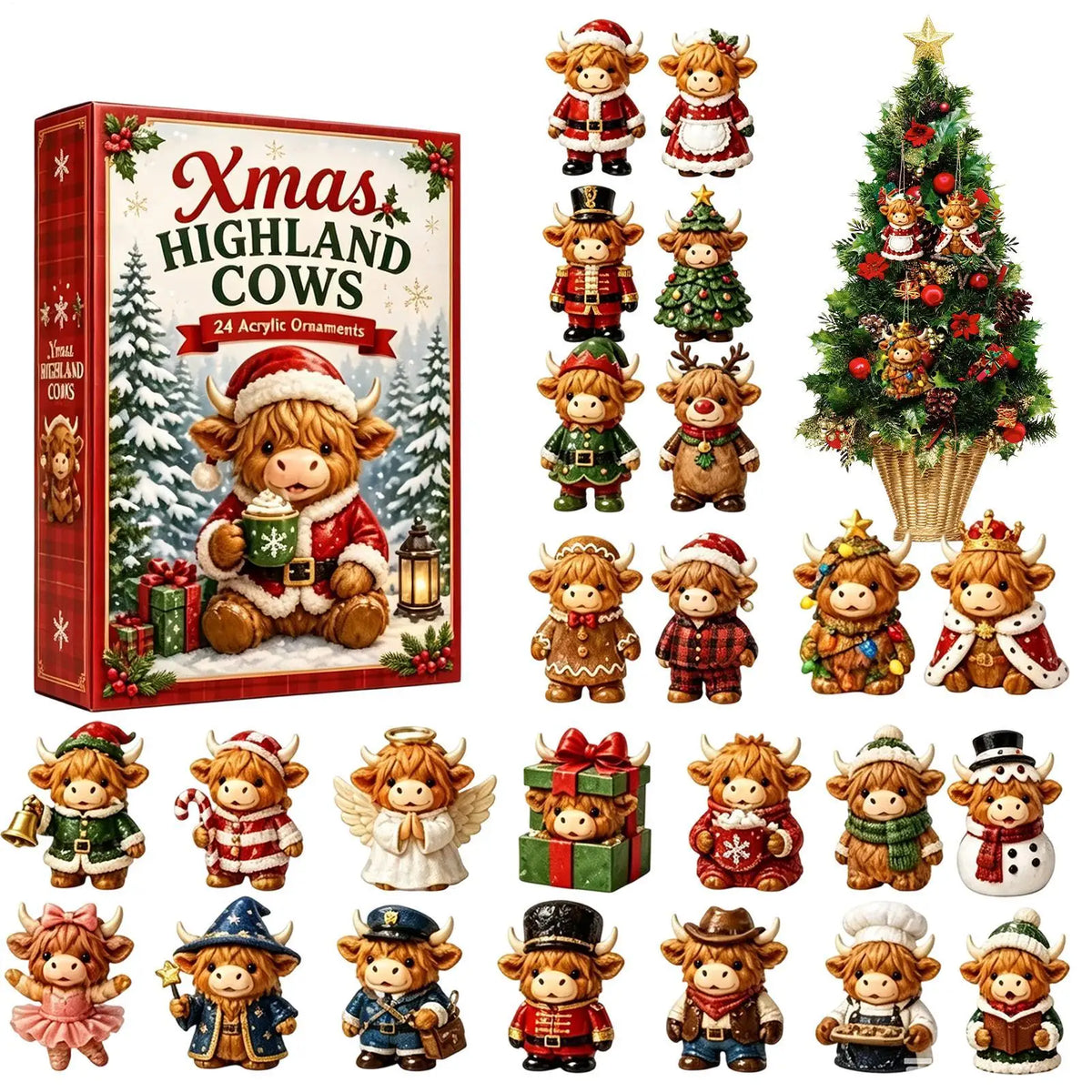 Advent Calendar 24 Cow Ornaments Freestanding & Wall-Mountable