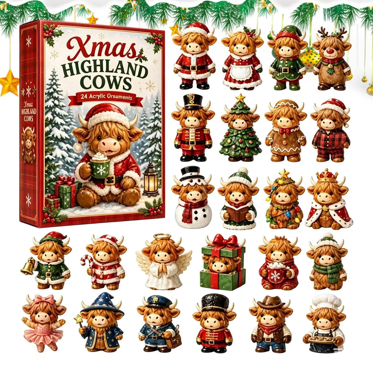 Advent Calendar 24 Cow Ornaments Freestanding & Wall-Mountable