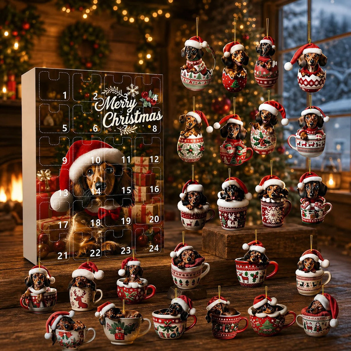 Advent Calendar 24 Dachshund Motifs Festive Christmas Decorations