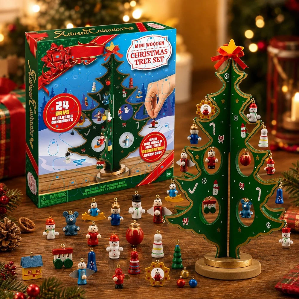 Advent Calendar Tree 24 Solid Wood Ornaments Composite Base