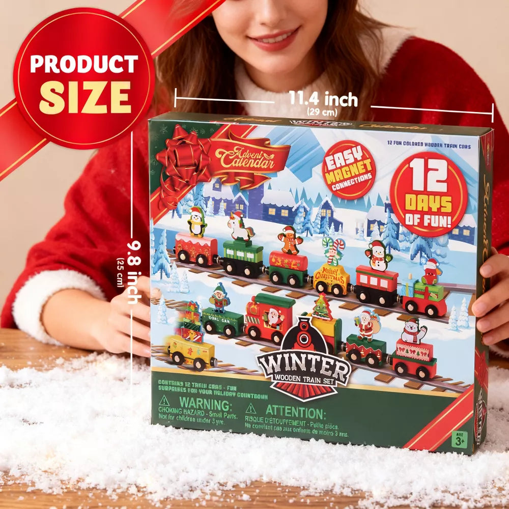 Advent Calendar Wooden Train 12 Magnetic Cars Friction-Powered
