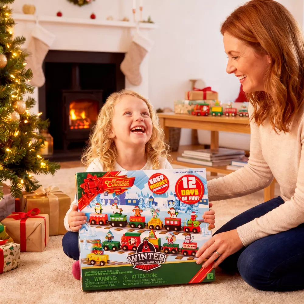 Advent Calendar Wooden Train 12 Magnetic Cars Friction-Powered