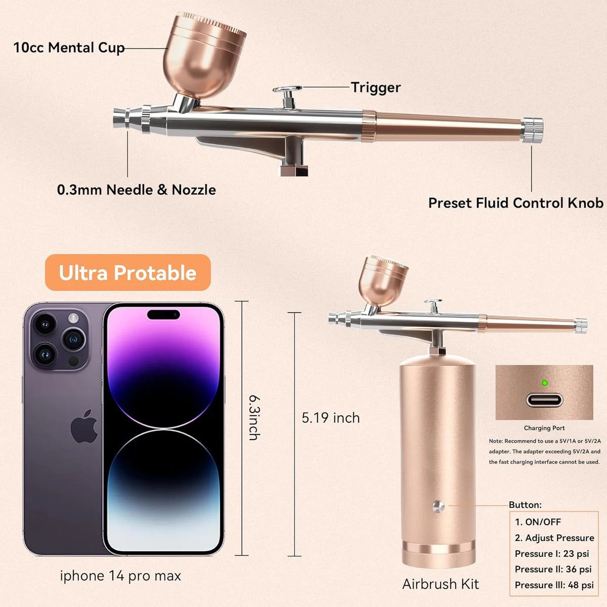 Airbrush Cordless Rechargeable 0.3mm Nozzle