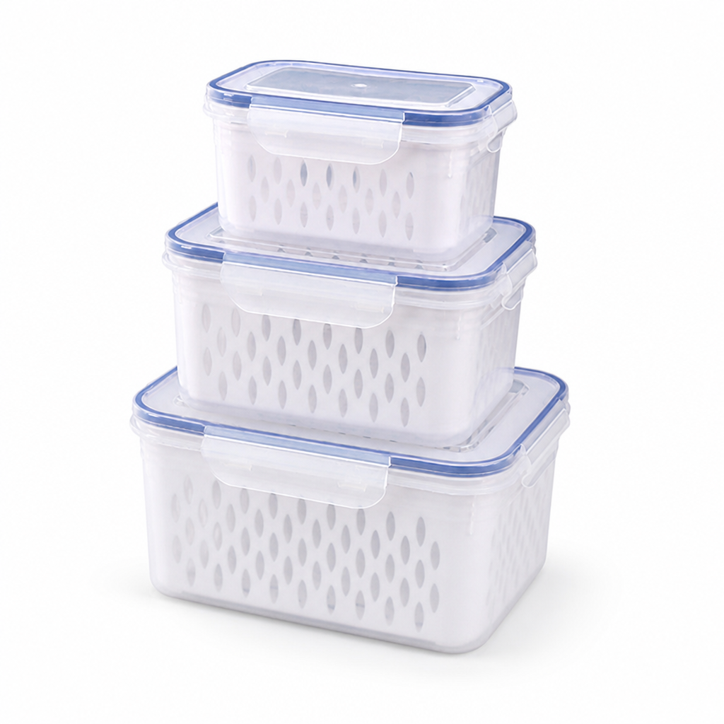 Airtight Stackable Fridge Storage Containers With Draining Sieve (Set of 3)