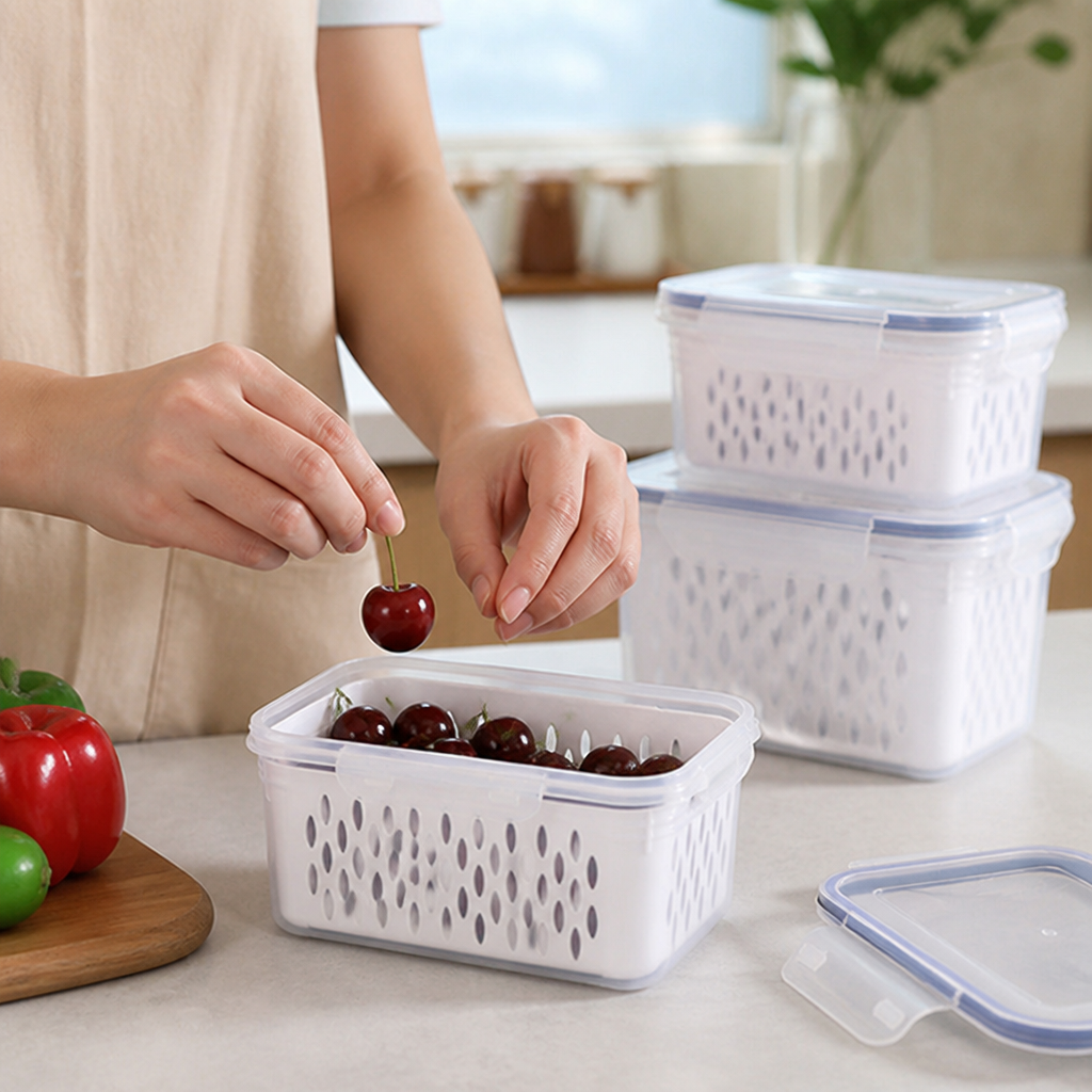 Airtight Stackable Fridge Storage Containers With Draining Sieve (Set of 3)