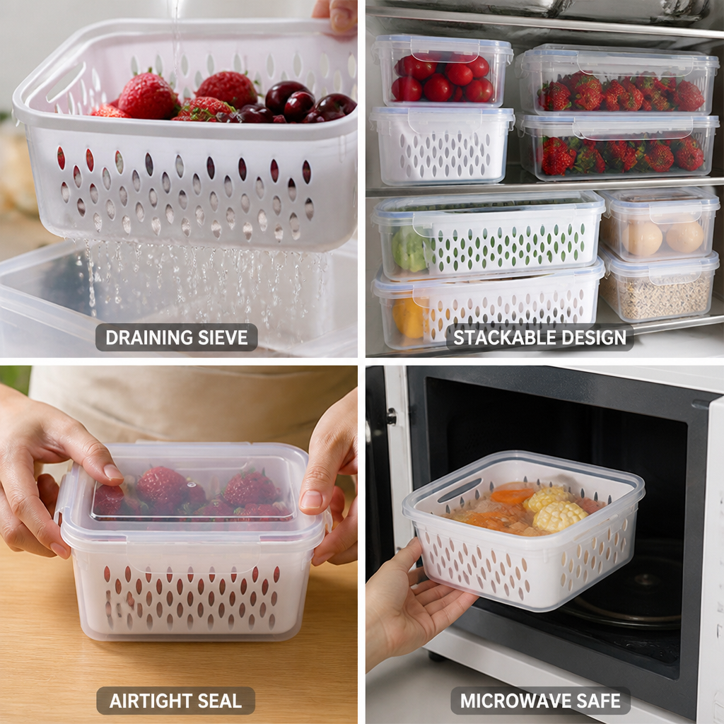 Airtight Stackable Fridge Storage Containers With Draining Sieve (Set of 3)