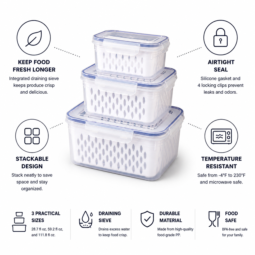 Airtight Stackable Fridge Storage Containers With Draining Sieve (Set of 3)