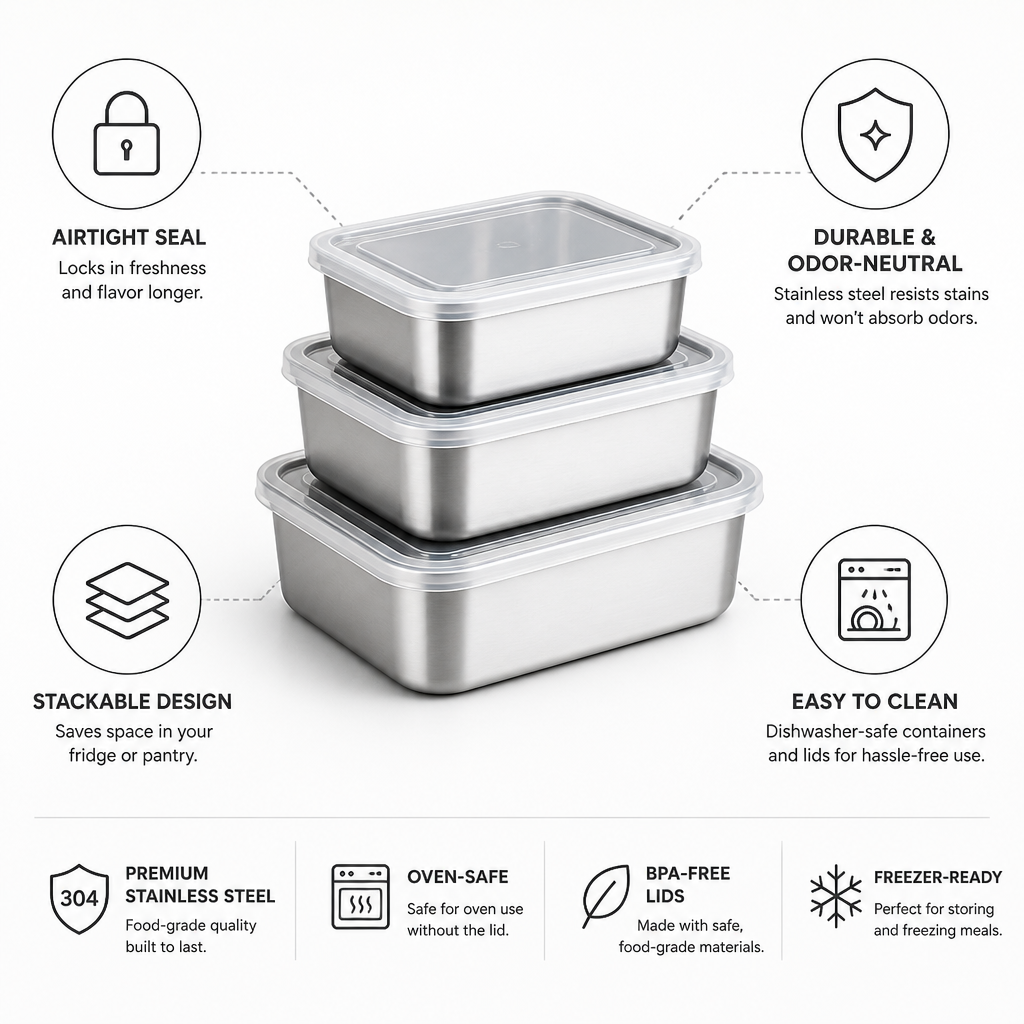 Airtight Stainless Steel Food Storage Containers (3-Piece Set)