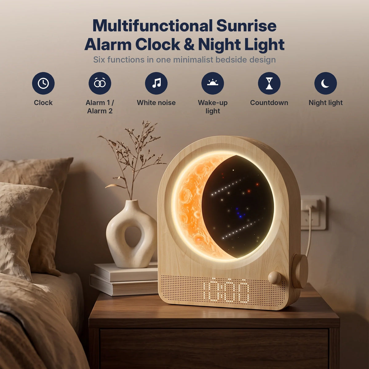 Alarm Clock Sunrise Light 3D Moon Lamp 10 Nature Sounds