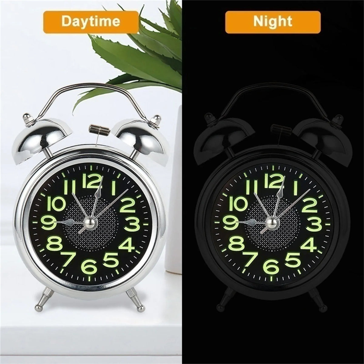 Alarm Clock Twin Bell Silent Quartz Night Light Luminous Dial