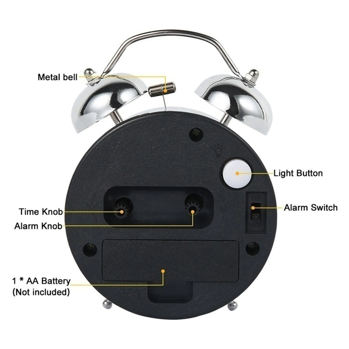 Alarm Clock Twin Bell Silent Quartz Night Light Luminous Dial