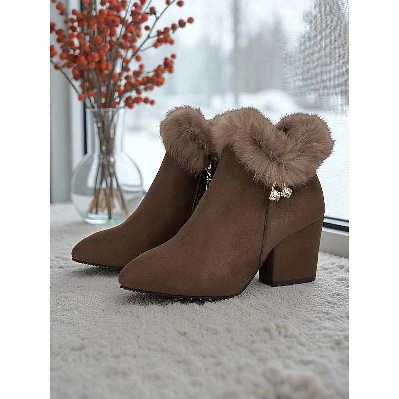 Ankle Boots Side Zip & Plush Collar Block Heel