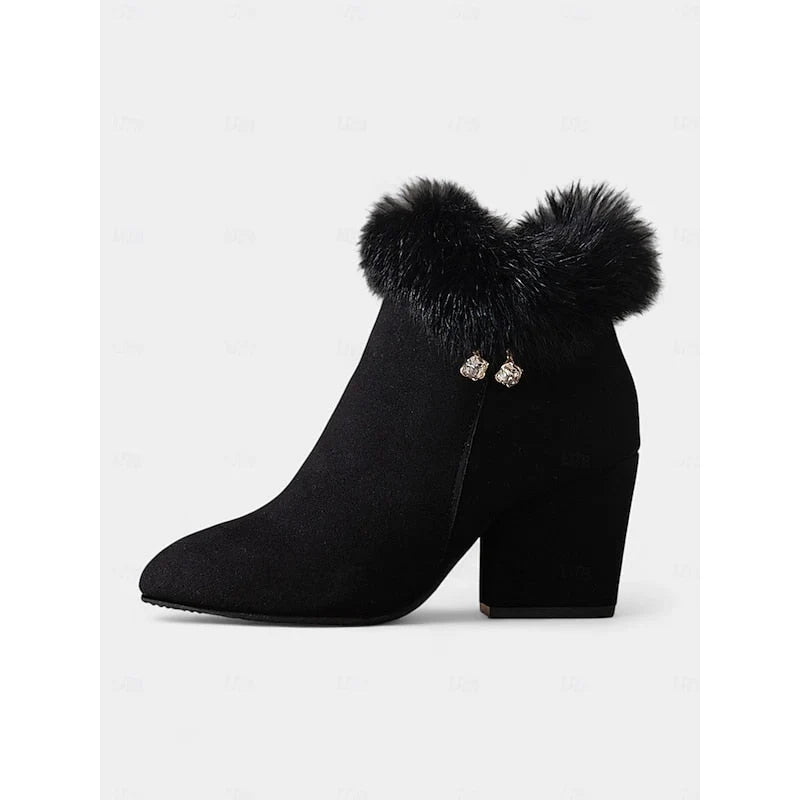 Ankle Boots Side Zip & Plush Collar Block Heel