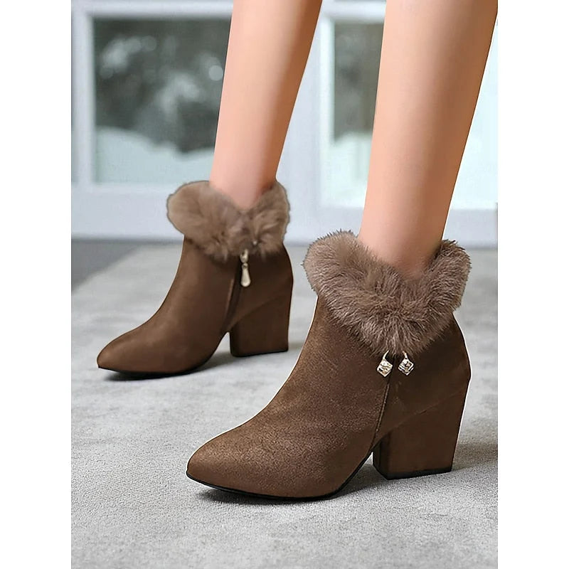 Ankle Boots Side Zip & Plush Collar Block Heel